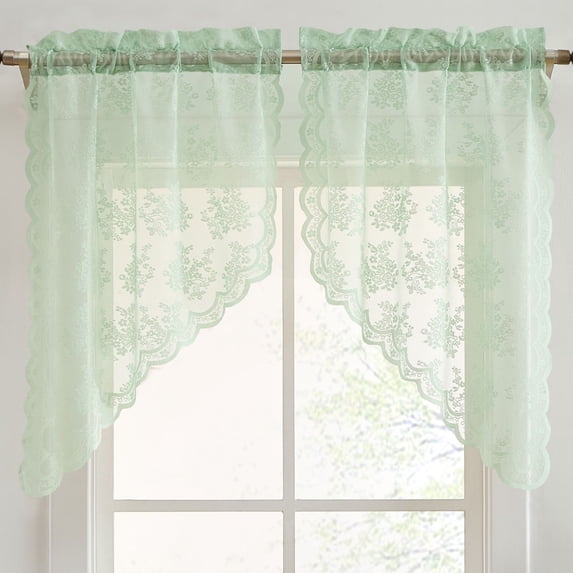 THD Joelle Floral Rod Pocket Lace Short Cafe Swags for Small Windows - 28 x 36 Inch Length (Seafoam Green Swags, Set of 2)