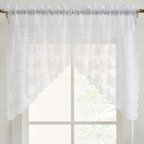 THD Joelle Floral Rod Pocket Lace Short Cafe Swags for Small Windows - 28 x 36 Inch Length (White Swags, Set of 2)