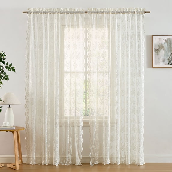 THD Joelle Floral Soft Decorative Lace Semi Sheer Light Filtering Rod Pocket Window Treatment Curtain Drapery Panels for Bedroom & Living Room - Set of 2 Panels (54 x 96 inches Long, White)