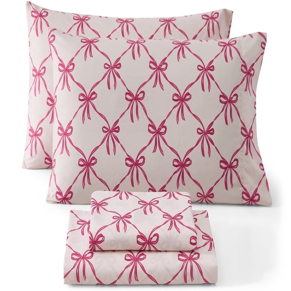 THD Pink Bows Printed Kids Bed Sheets - 3 Piece - Patterned Teen Girls Bed Sheet Set - Wrinkle Resistant & Ultra Soft - Fits Mattresses up to 15 Inches Deep - Twin