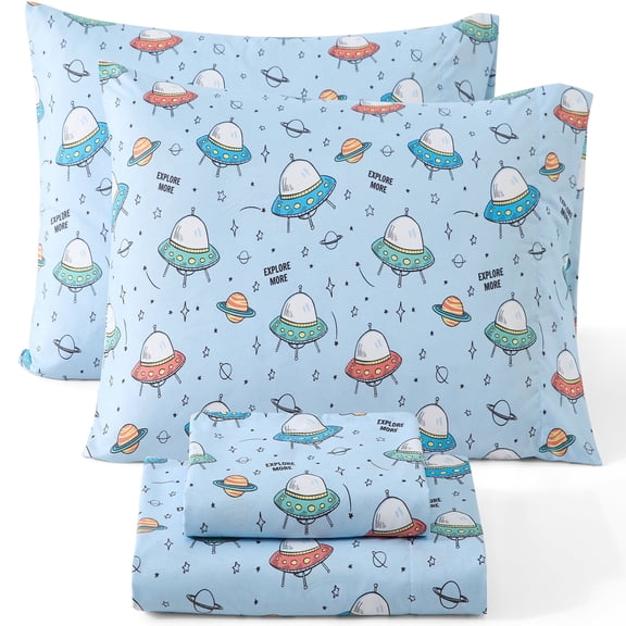 THD UFO Space Printed Kids Bed Sheets - 3 Piece - Patterned Boys Bed Sheet Set - Wrinkle Resistant & Ultra Soft - Fits Mattresses up to 15 Inches Deep - Twin