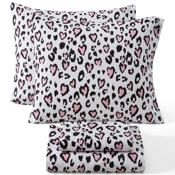 THD Cheetah Heart Printed Teen Kids Bed Sheets - 3 Piece - Patterned Girls Bed Sheet Set - Wrinkle Resistant & Ultra Soft - Fits Mattresses up to 15 Inches Deep - Twin