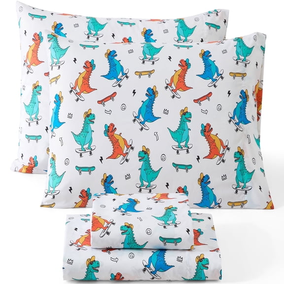 HLC.ME Skateboard Dinosaur Printed Kids Bed Sheets - 3 Piece - Patterned Boys Bed Sheet Set - Wrinkle Resistant & Ultra Soft - Fits Mattresses up to 15 Inches Deep - Twin