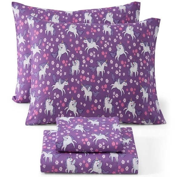 HLC.ME Purple Unicorn Printed Kids Bed Sheets - 4 Piece - Patterned Girls Bed Sheet Set - Wrinkle Resistant & Ultra Soft - Fits Mattresses up to 15 Inches Deep - Full