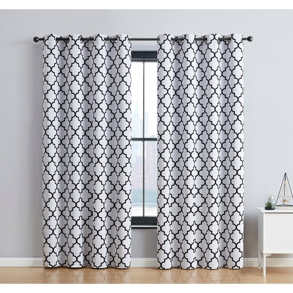 THD Lattice Platinum White Black Geometric Blackout Curtains, 37 x 63 in (2 Panels)