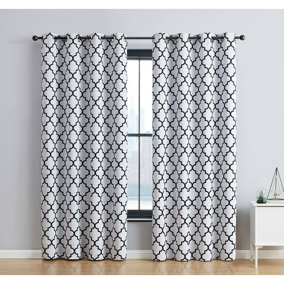THD Lattice Platinum White Black Geometric Blackout Curtains, 37 x 63 in (2 Panels)