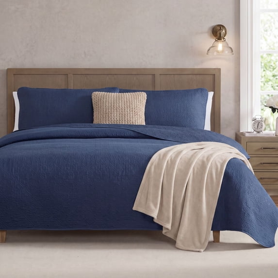 THD Loren - 3 Piece Full Queen Size Quilt Set, Lightweight Queen Bedspread Coverlet Set (Full/Queen, Navy Blue)