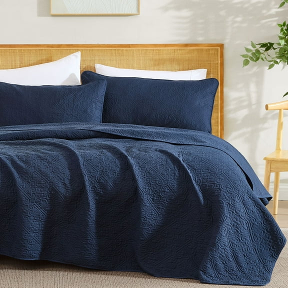 THD Loren - 3 Piece Full Queen Size Quilt Set, Lightweight Queen Bedspread Coverlet Set (Full/Queen, Navy Blue)