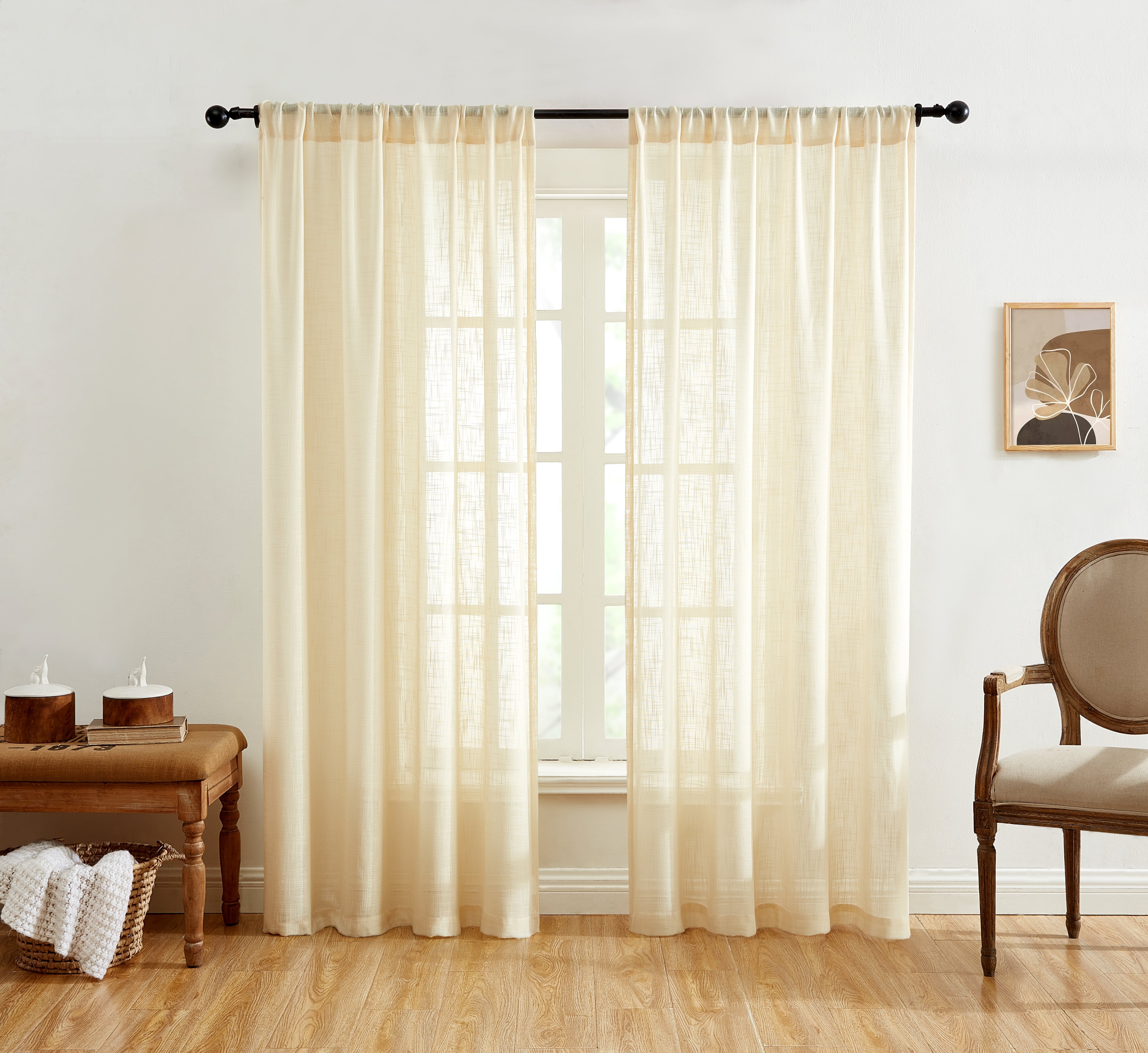 Beige Faux Linen Light-Filtering Rod Pocket Curtain Panels, 96" x 54"