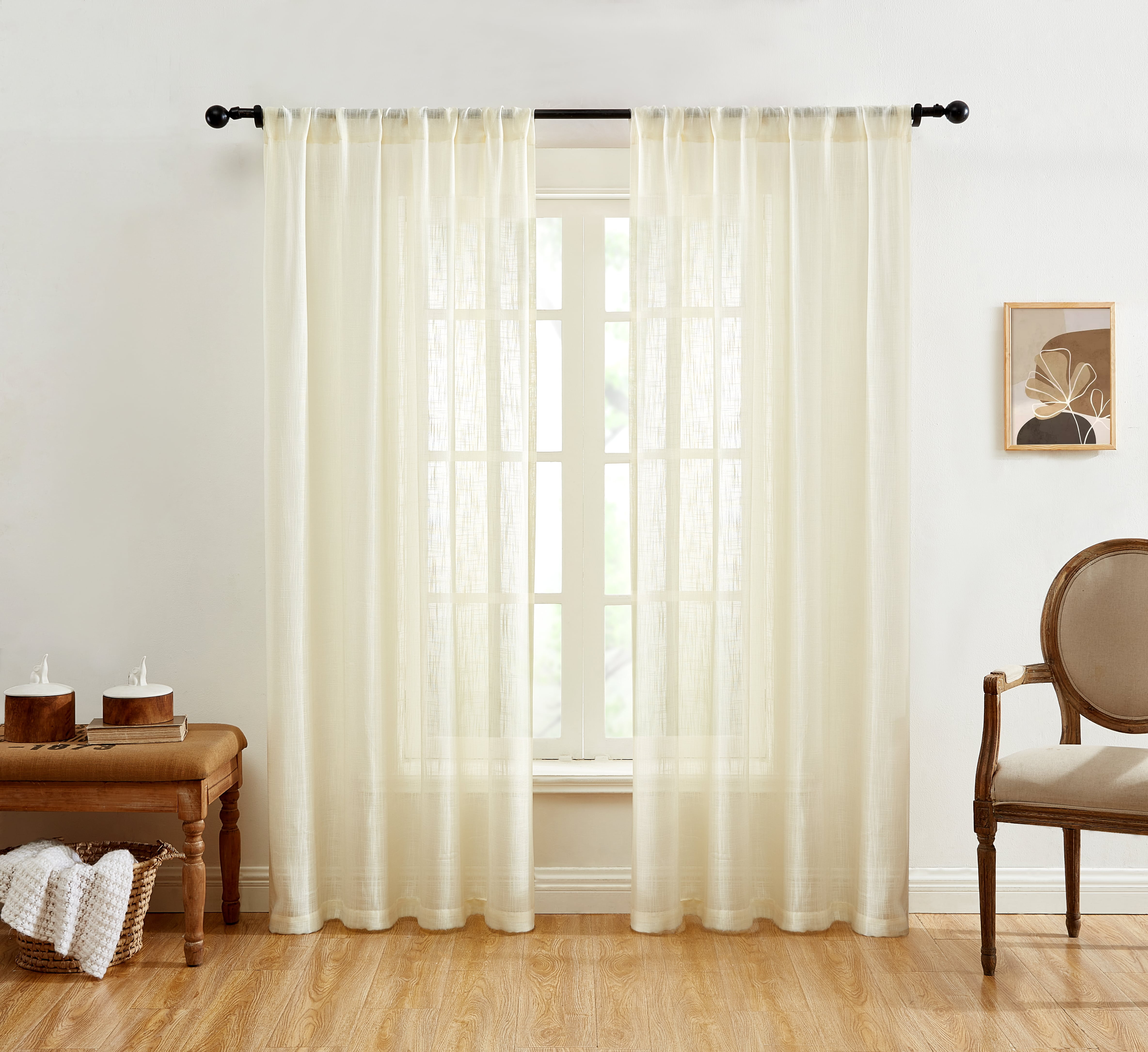 Ivory Faux Linen Sheer Rod Pocket Window Panels, 84" Length