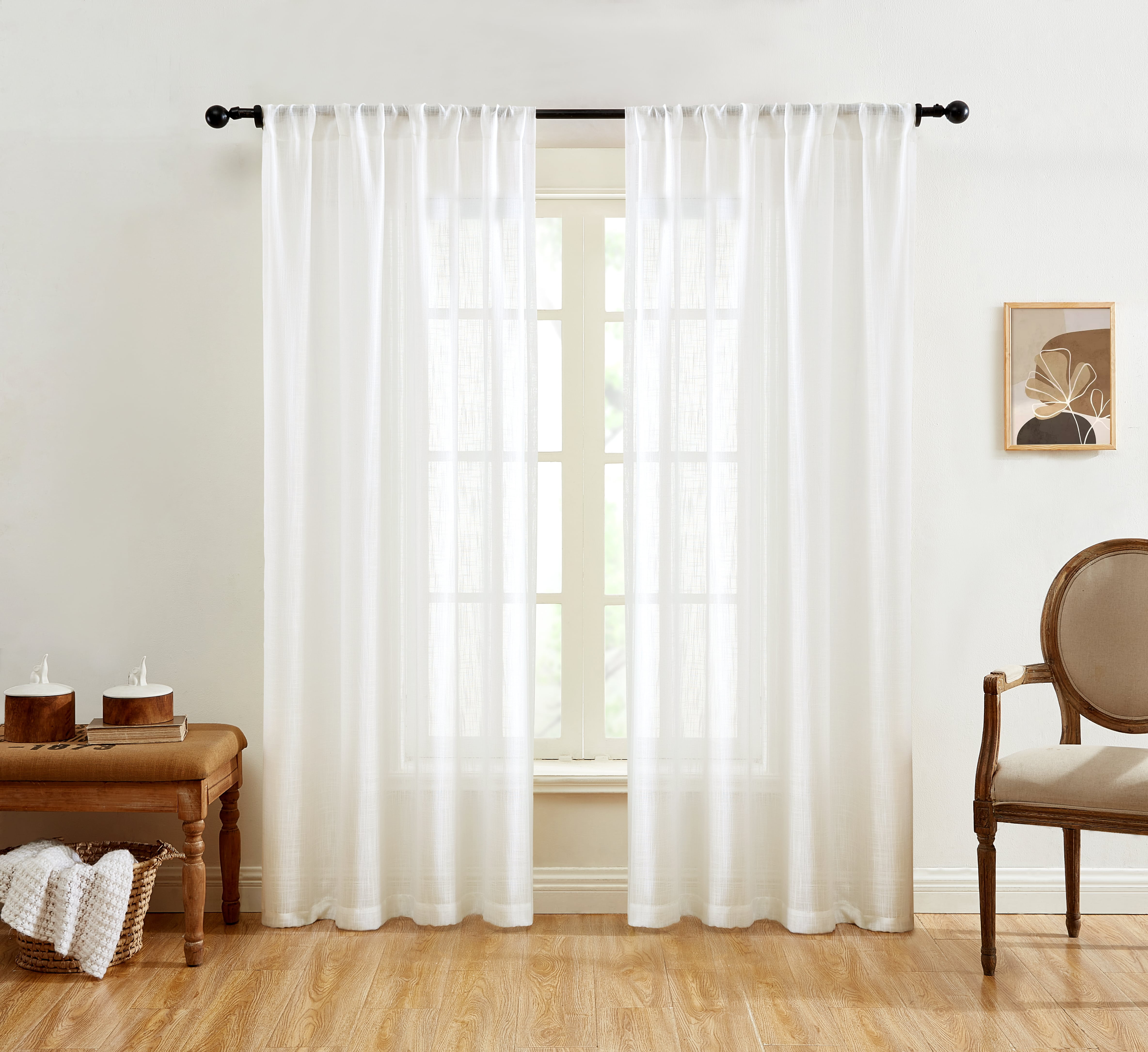 White Faux Linen Sheer Rod Pocket Window Panels, 54" x 54"