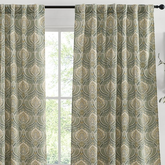 THD Matty Paisley Damask Patterned Window Back Tab Rod Pocket Curtains Bedroom - Light Blocking Darkening Window Panels, Set of 2 (Green/Yellow, 52 W x 84 L)