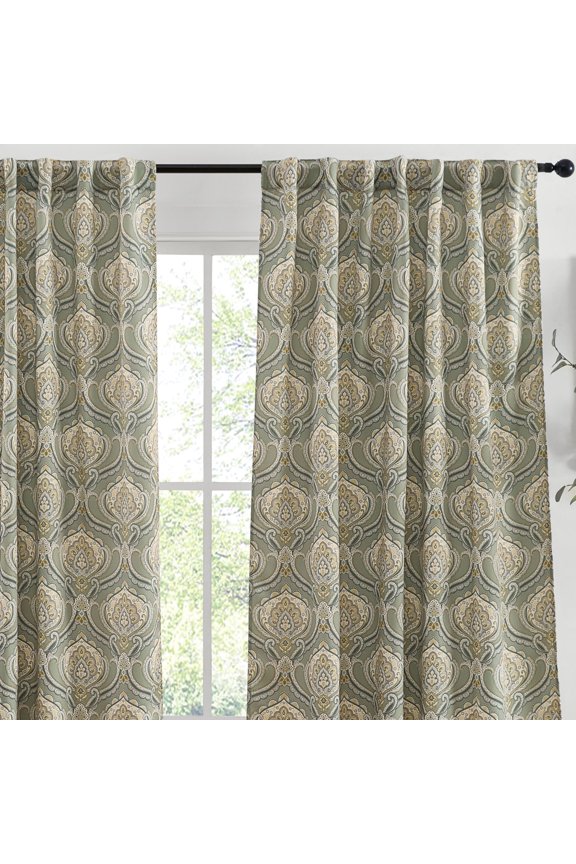 Matty Paisley Damask Patterned Window Back Tab Rod Pocket Curtains Bedroom - Light Blocking Darkening Window Panels, Set of 2 (Green/Yellow, 52 W x 84 L)
