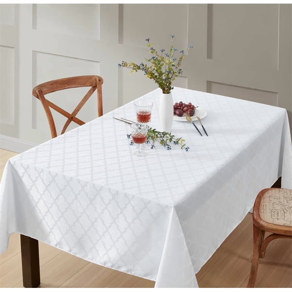 THD Monie Lattice Fabric Tablecloth, Jacquard Fabric Table Cloth for Rectangle Table Advanced Water & Fade Resistance 57 W x 120 L - White