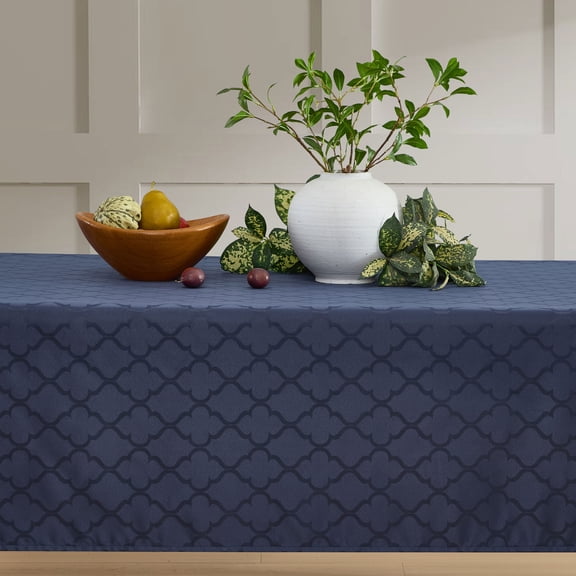 THD Monie Lattice Fabric Tablecloth, Jacquard Fabric Table Cloth for Rectangle Table Advanced Water & Fade Resistance 57 W x 84 L - Navy Blue