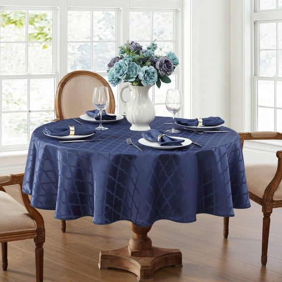 THD Monie Lattice Fabric Tablecloth, Jacquard Fabric Table Cloth for Round Table Advanced Water & Fade Resistance - 70 inch Round - Navy