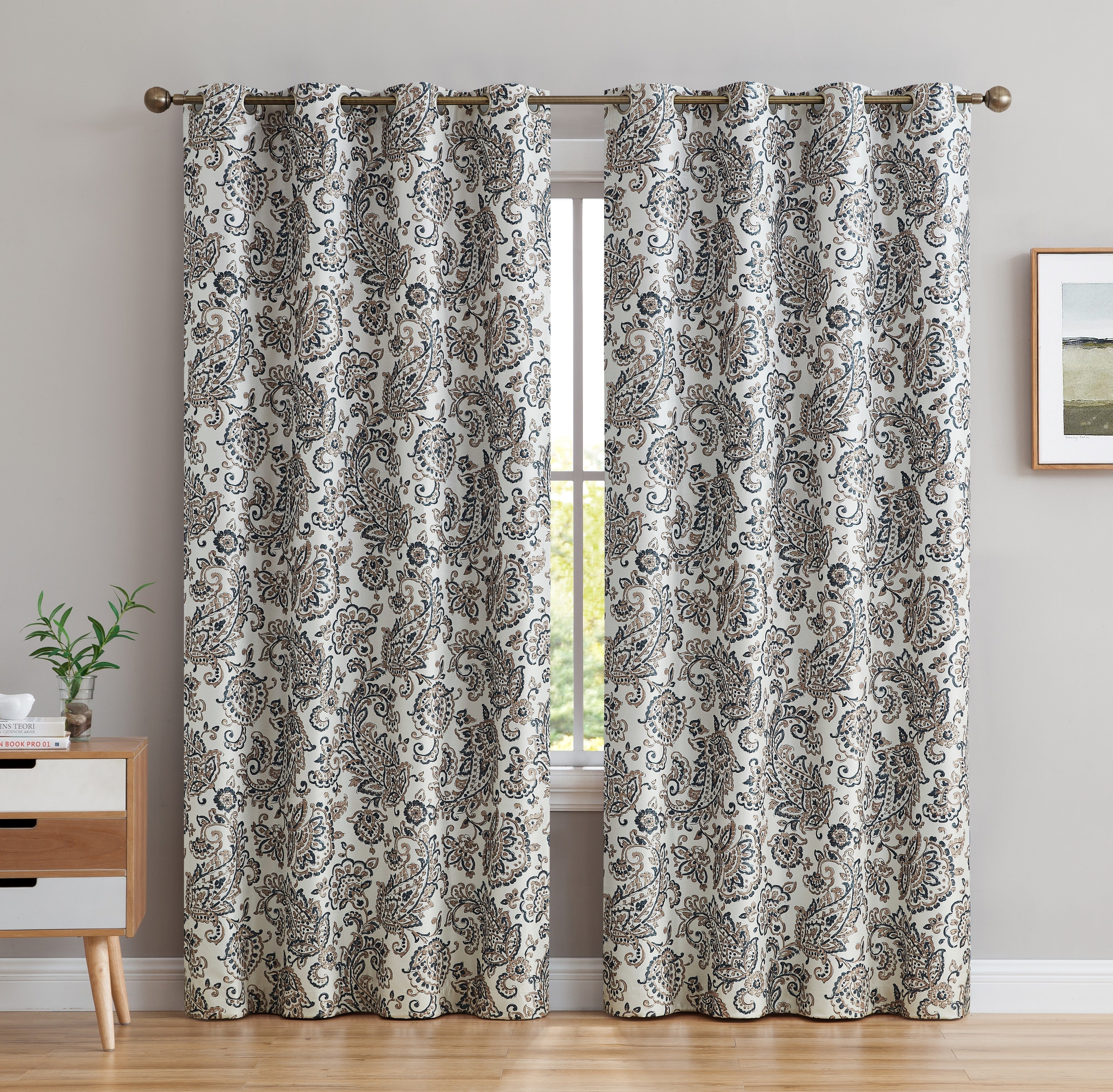 Taupe Paisley Faux Silk Blackout Thermal Curtain Panels, 52" W x 84" L