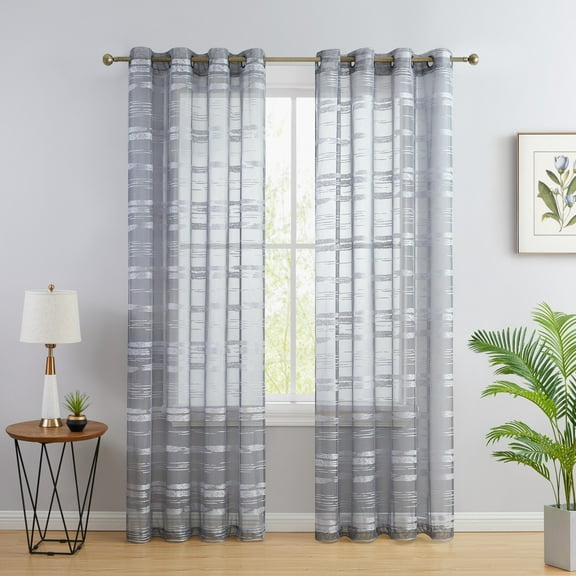 THD Parker Stripe Decorative Transparent Sheer Grommet Sunlight Window Curtain Panels - Set of 2