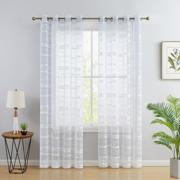 THD Parker Stripe Decorative Transparent Sheer Grommet Sunlight Window Curtain Panels - Set of 2