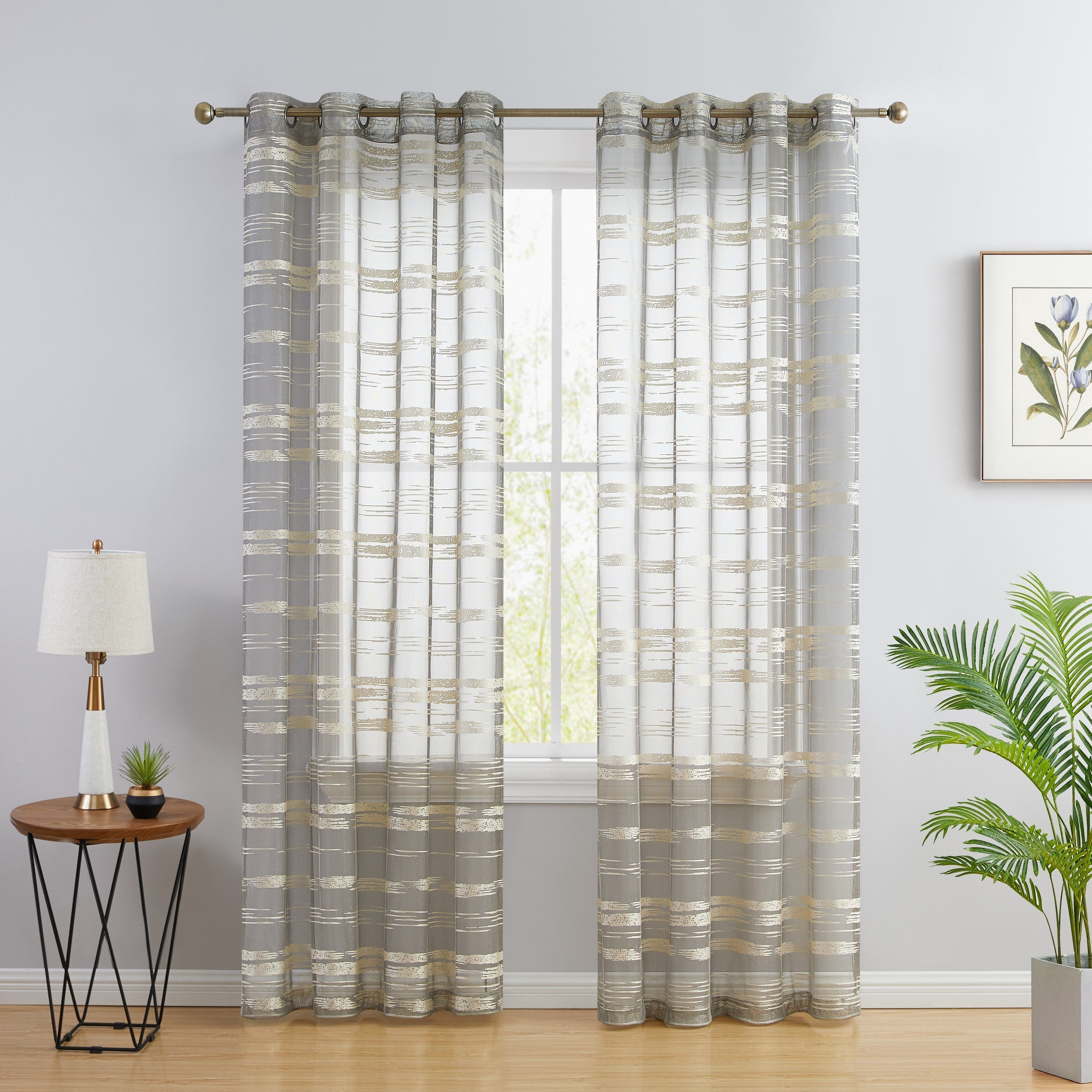 Beige Sheer Striped Grommet Window Curtain Panels, 54x84 Set of 2