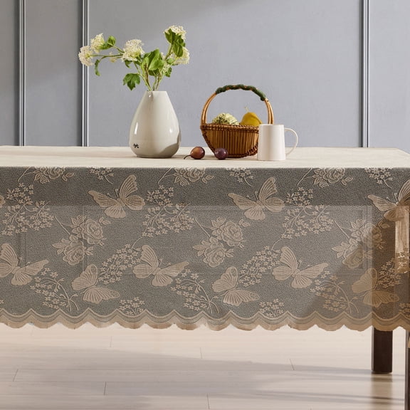 THD Pixie Floral Lace Fabric Tablecloth, Lace Fabric Table Cloth for Rectangle Tables, Wrinkle Resistant Tablecloth, Patterned Scalloped Tablecloth (54 W x 72 L, Linen Taupe)
