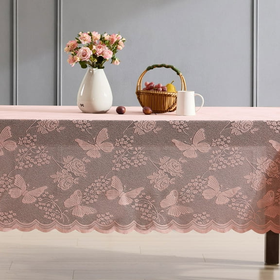 THD Pixie Floral Lace Fabric Tablecloth, Lace Fabric Table Cloth for Rectangle Tables, Wrinkle Resistant Tablecloth, Patterned Scalloped Tablecloth (60 W x 104 L, Blush Pink)