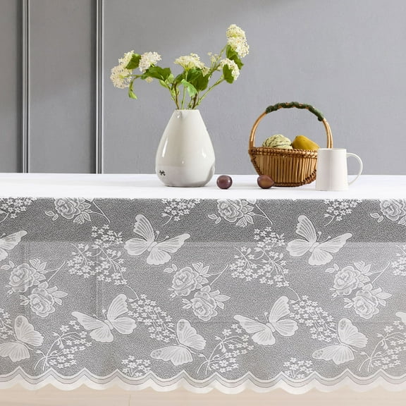 THD Pixie Floral Lace Fabric Tablecloth, Lace Fabric Table Cloth for Rectangle Tables, Wrinkle Resistant Tablecloth, Patterned Scalloped Tablecloth (60 W x 104 L, White)