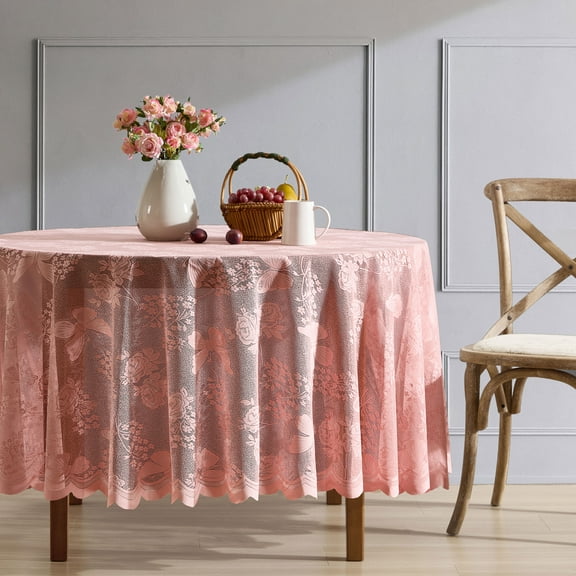 THD Pixie Floral Lace Fabric Tablecloth, Lace Fabric Table Cloth for Round Tables, Wrinkle Resistant Tablecloth, Patterned Scalloped Tablecloth (36 Round, Blush Pink)