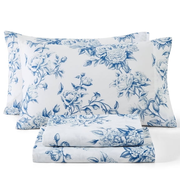 THD Rose Toile Floral Bed Sheets - 4 Piece Bed Sheet Set - Wrinkle Resistant & Ultra Soft - Fits Mattresses up to 15 Inches Deep