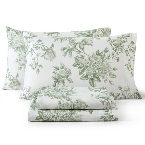 THD Rose Toile Floral Bed Sheets - 4 Piece Bed Sheet Set - Wrinkle Resistant & Ultra Soft - Fits Mattresses up to 15 Inches Deep