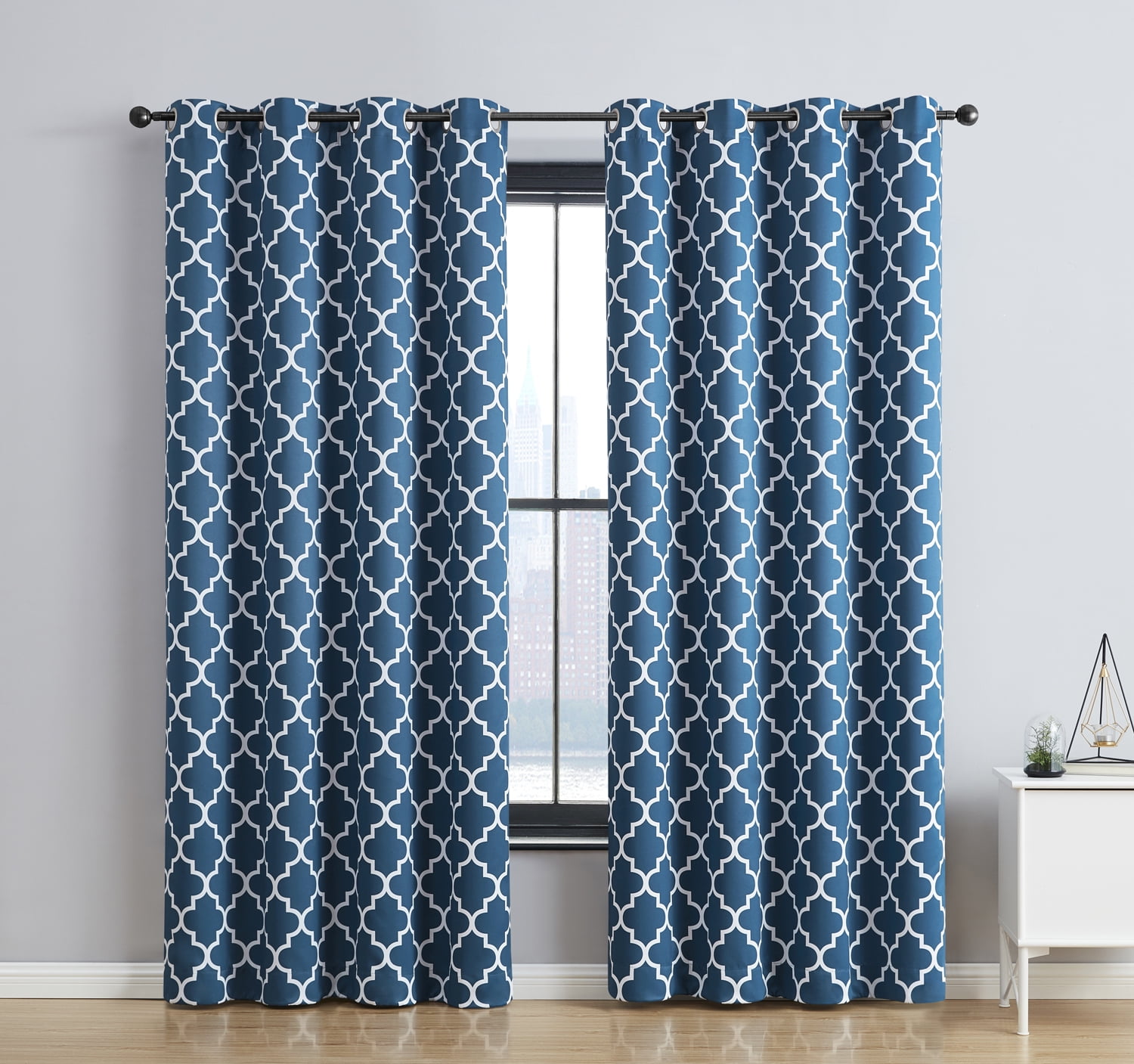 THD Moroccan Trellis Lattice Decorative Blackout Thermal Privacy Room Darkening Grommet Window Drapes Curtain Panels for Bedroom - Set of 2 (Dark Teal Blue, 52 W x 63 L)