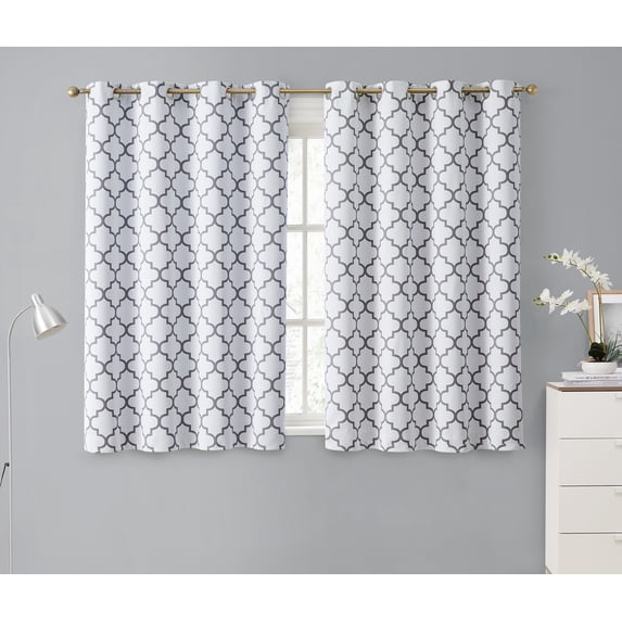 THD Moroccan Trellis Lattice Decorative Blackout Thermal Privacy Room Darkening Grommet Window Drapes Curtain Panels for Bedroom - Set of 2 (Platinum White Grey, 52 W x 63 L)