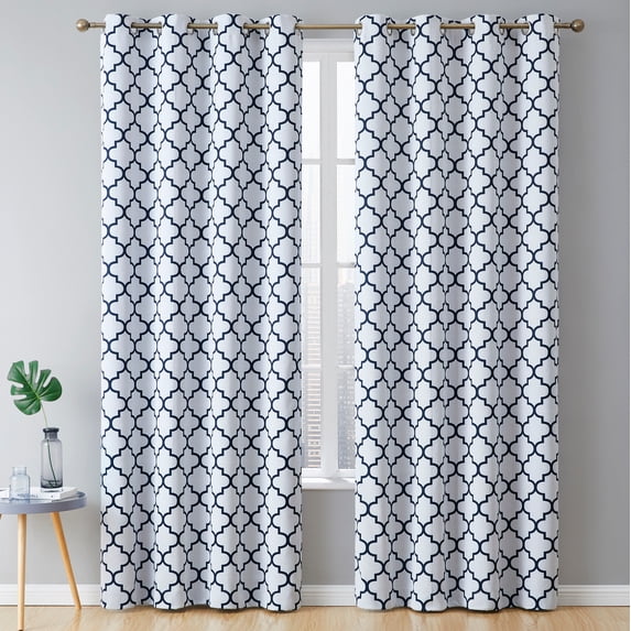 THD Moroccan Trellis Lattice Decorative Printed Pattern Blackout Thermal Privacy Room Darkening Grommet Window Drapes Curtain Panels for Bedroom - Set of 2 (Platinum White Navy Blue, 52 W x 96 L)