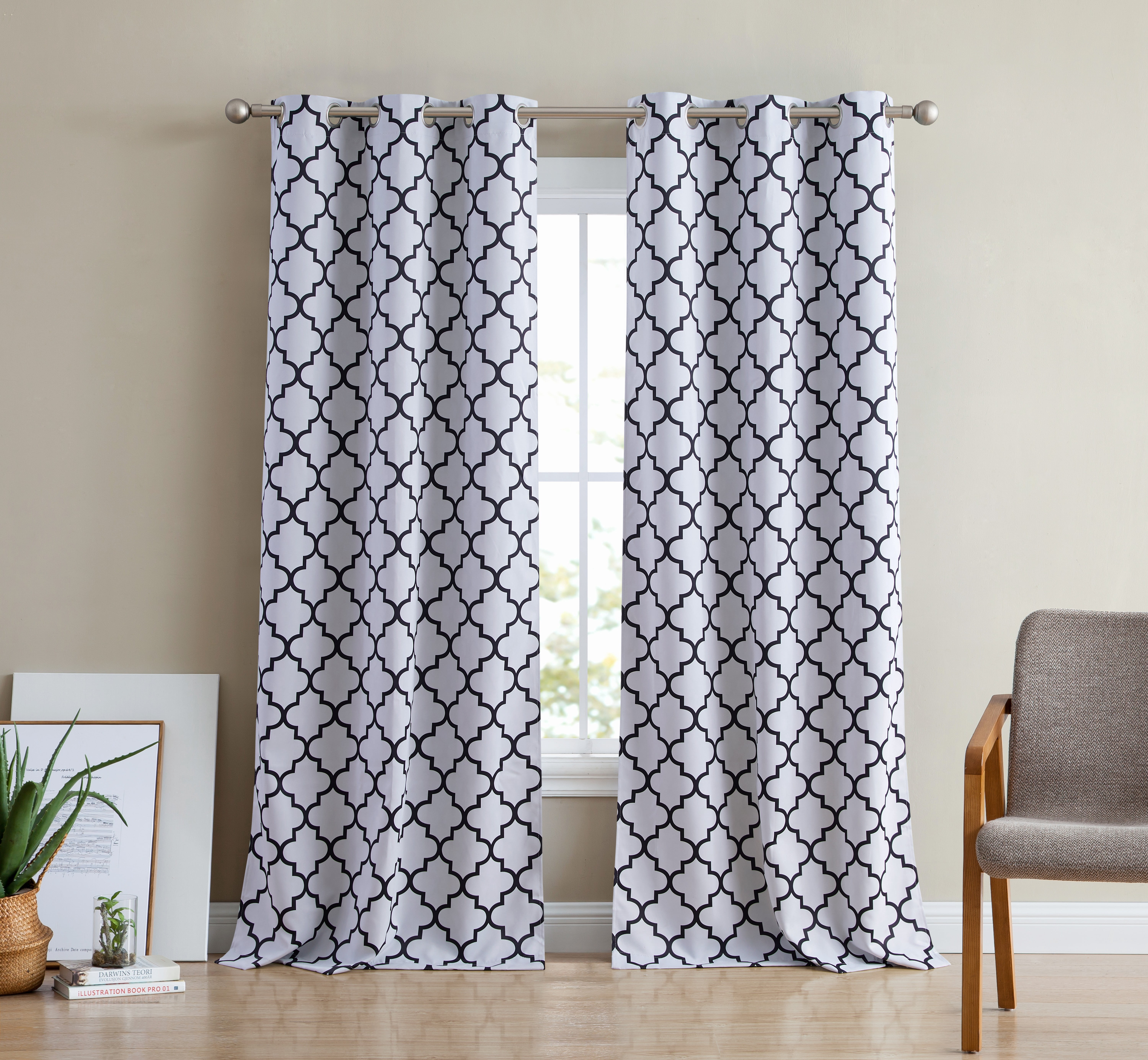 THD Moroccan Trellis Lattice Decorative Blackout Thermal Privacy Room Darkening Grommet Window Drapes Curtain Panels for Bedroom - Set of 2 (Platinum White Black, 37 W x 72 L)