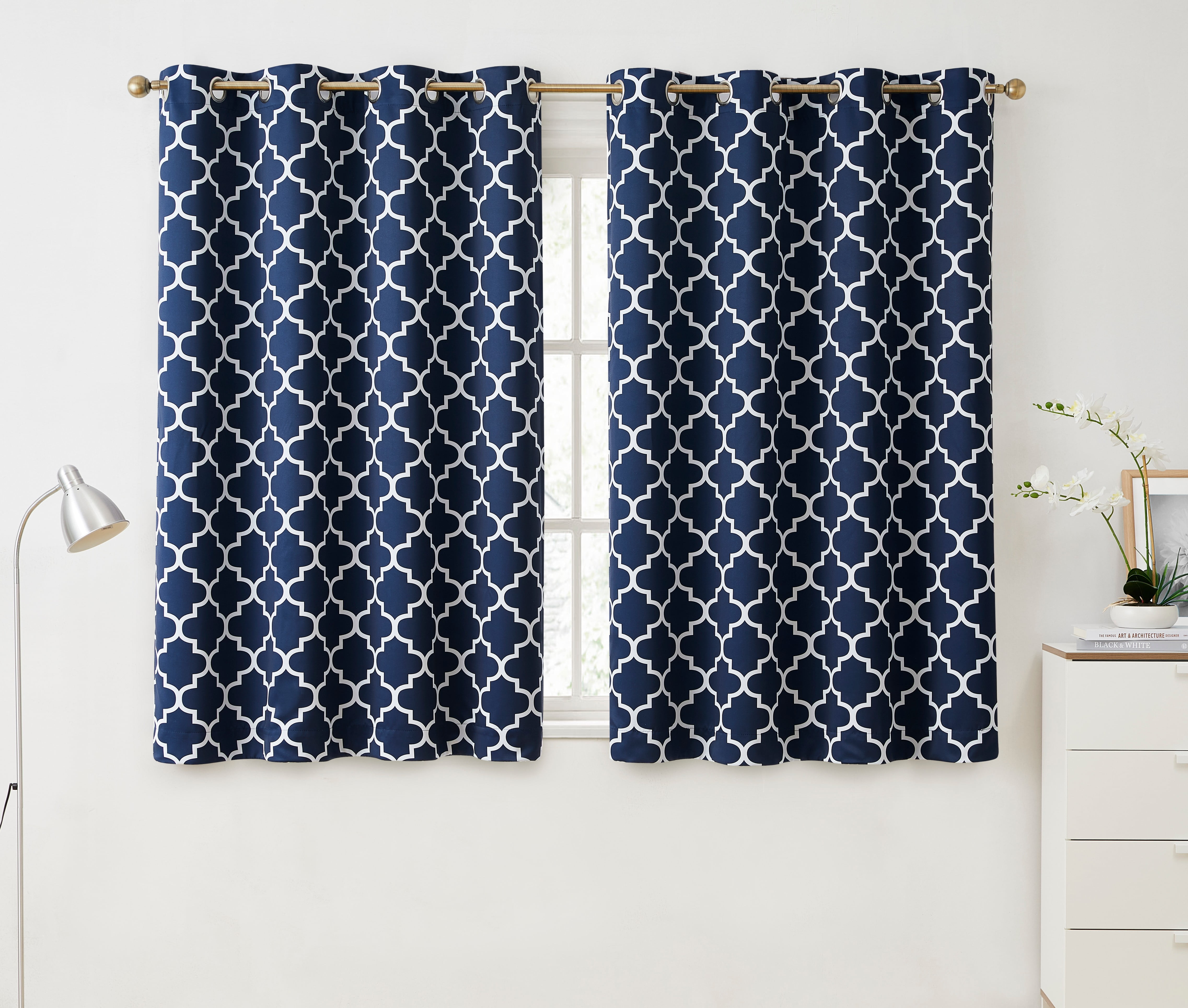THD Moroccan Trellis Lattice Decorative Blackout Thermal Privacy Room Darkening Grommet Window Drapes Curtain Panels for Bedroom - Set of 2 (Navy Blue, 52 W x 54 L)