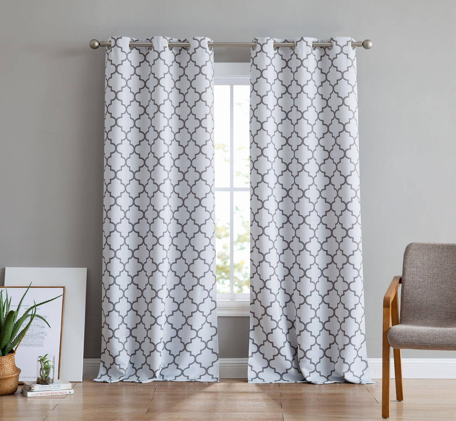 THD Moroccan Trellis Lattice Decorative Blackout Thermal Privacy Room Darkening Grommet Window Drapes Curtain Panels for Bedroom - Set of 2 (Platinum White Grey, 37 W x 84 L)