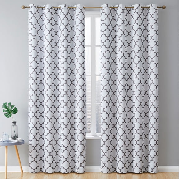 THD Moroccan Trellis Lattice Decorative Printed Pattern Blackout Thermal Privacy Room Darkening Grommet Window Drapes Curtain Panels for Bedroom - Set of 2 (Platinum White Grey, 52 W x 84 L)