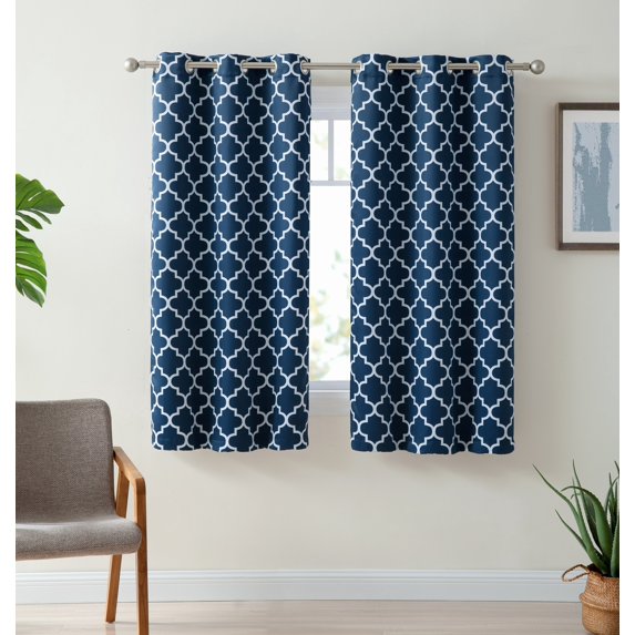 THD Moroccan Trellis Lattice Decorative Blackout Thermal Privacy Room Darkening Grommet Window Drapes Curtain Panels for Bedroom - Set of 2 (Navy Blue, 37 W x 63 L)