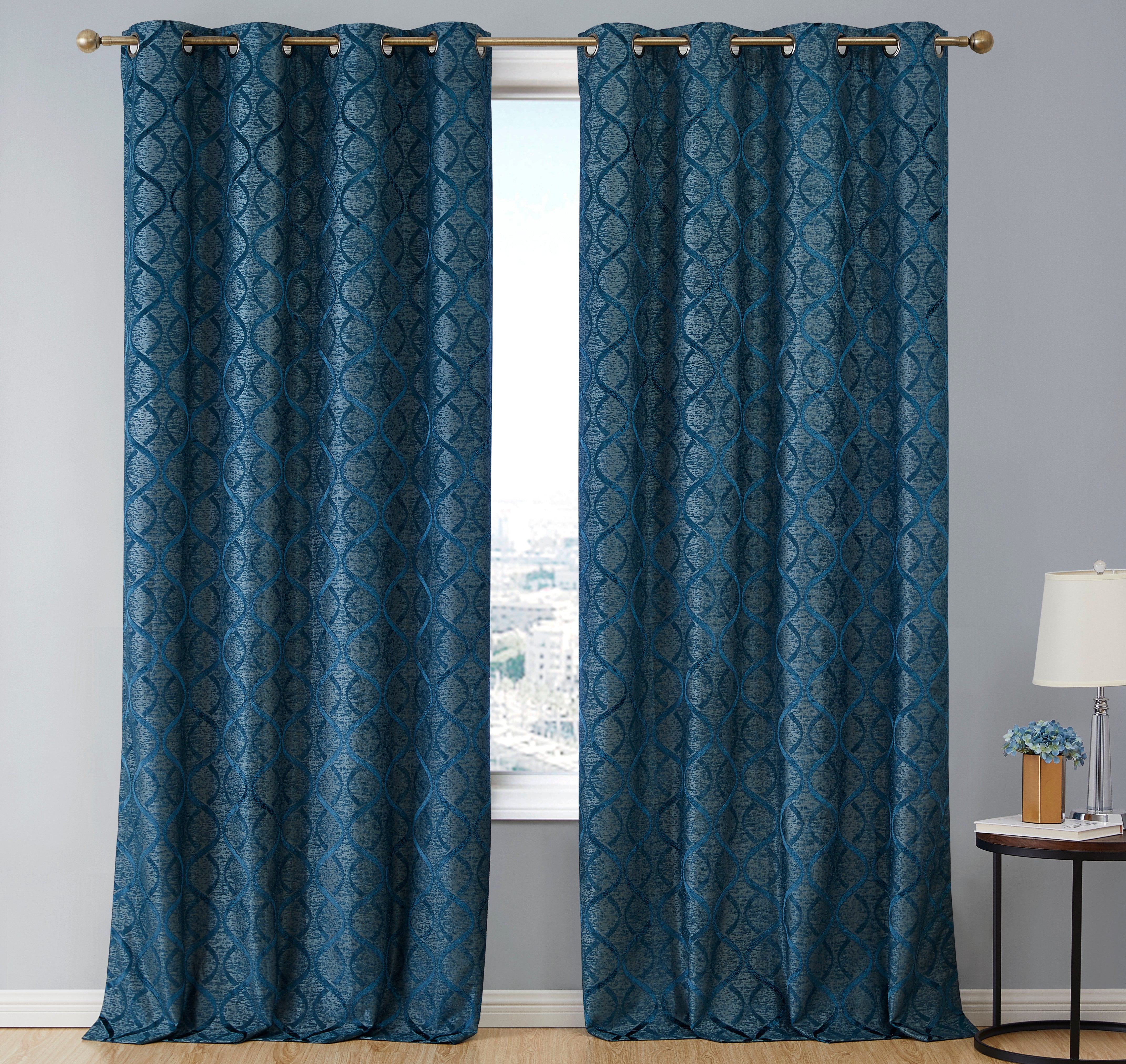 THD Sally Flocked Lattice Geometric 100% Blackout Total Privacy Grommet Window Curtain Panels - Pair