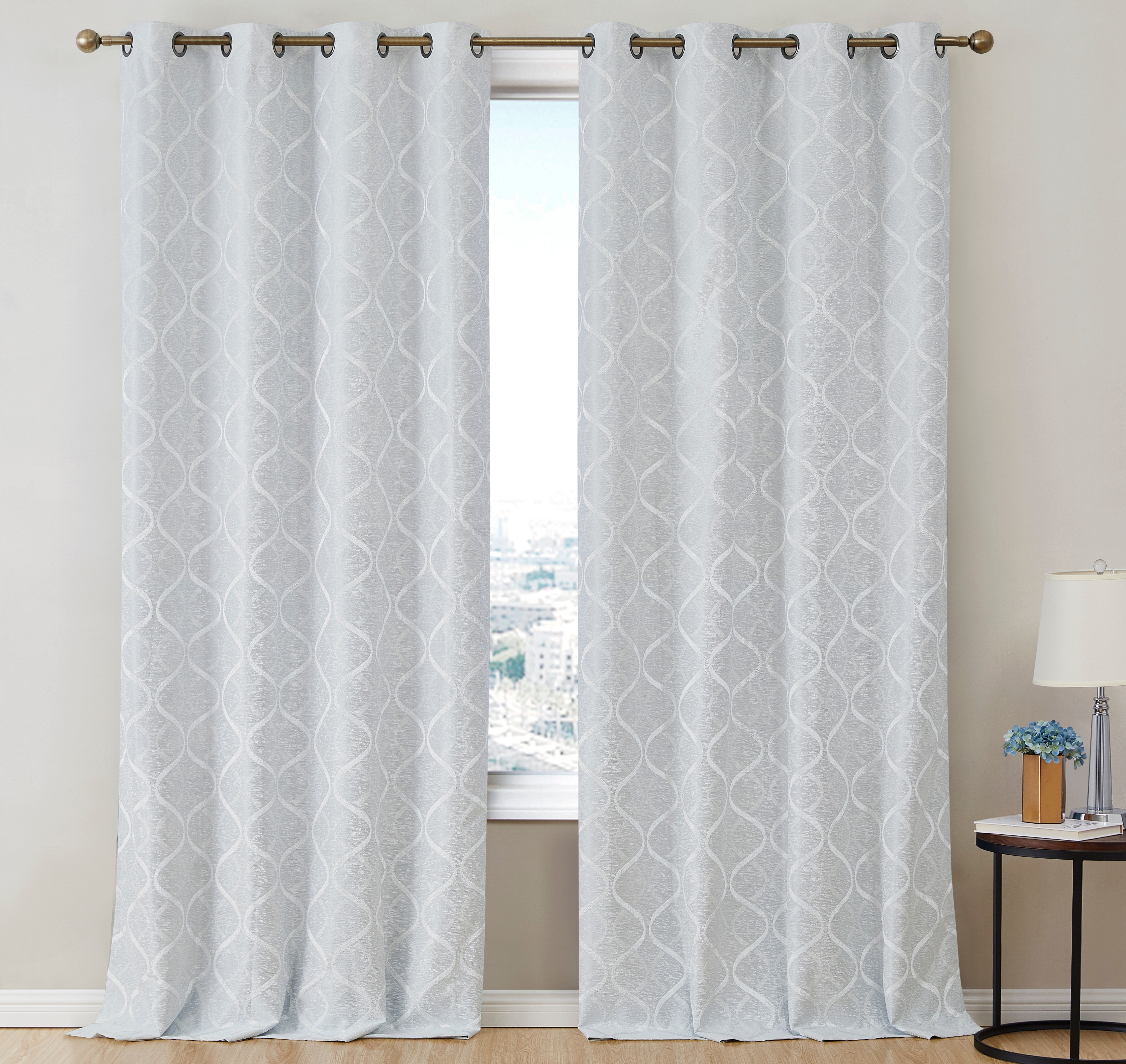 THD Sally Flocked Lattice Geometric 100% Blackout Total Privacy Grommet Window Curtain Panels - Pair