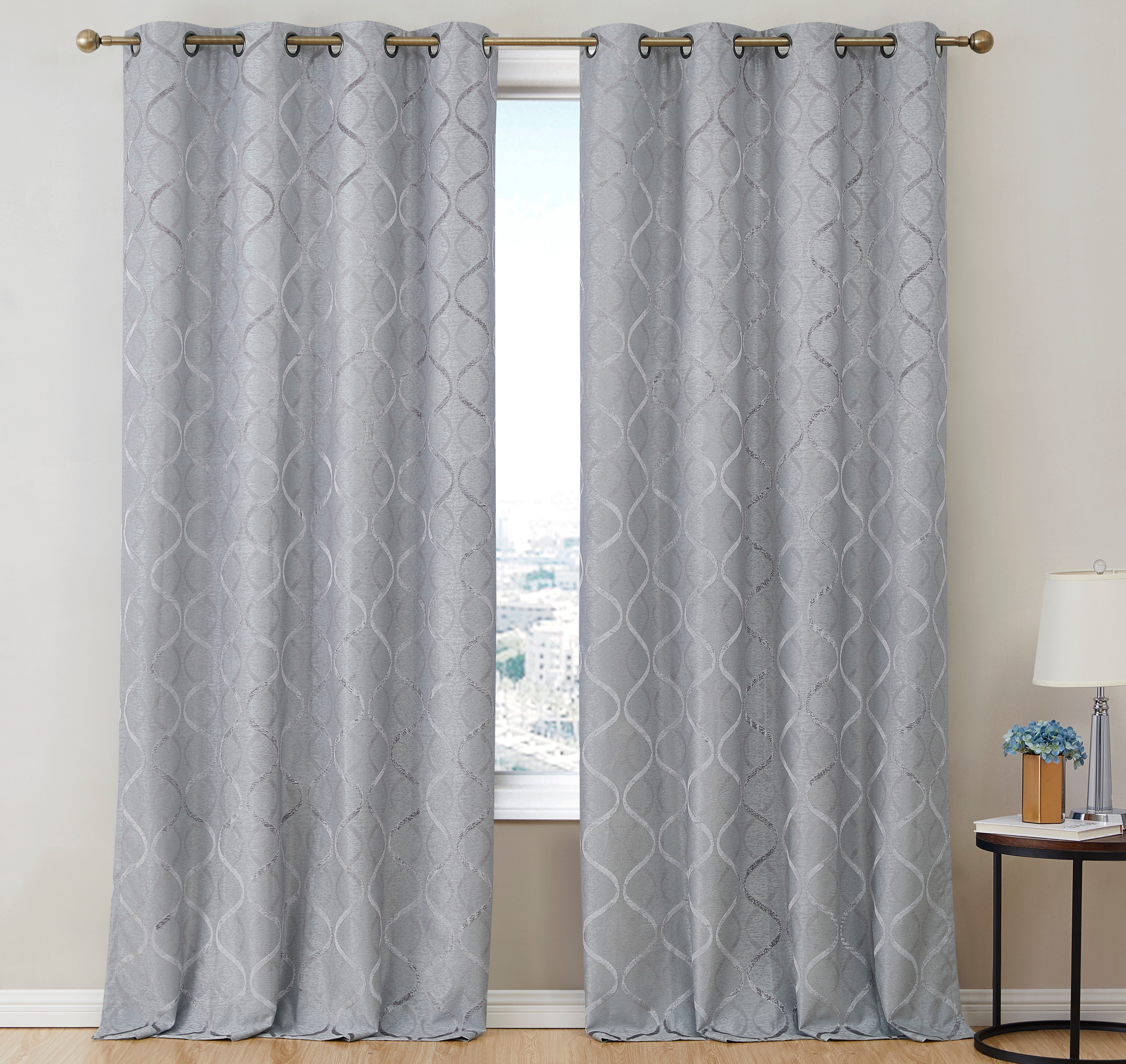 THD Sally Flocked Lattice Geometric 100% Blackout Total Privacy Grommet Window Curtain Panels - Pair