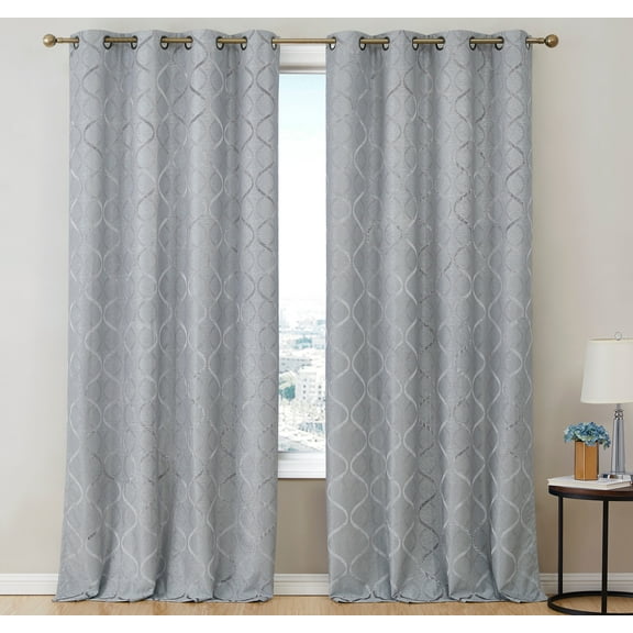 THD Sally Flocked Lattice Geometric 100% Blackout Total Privacy Grommet Window Curtain Panels - Pair