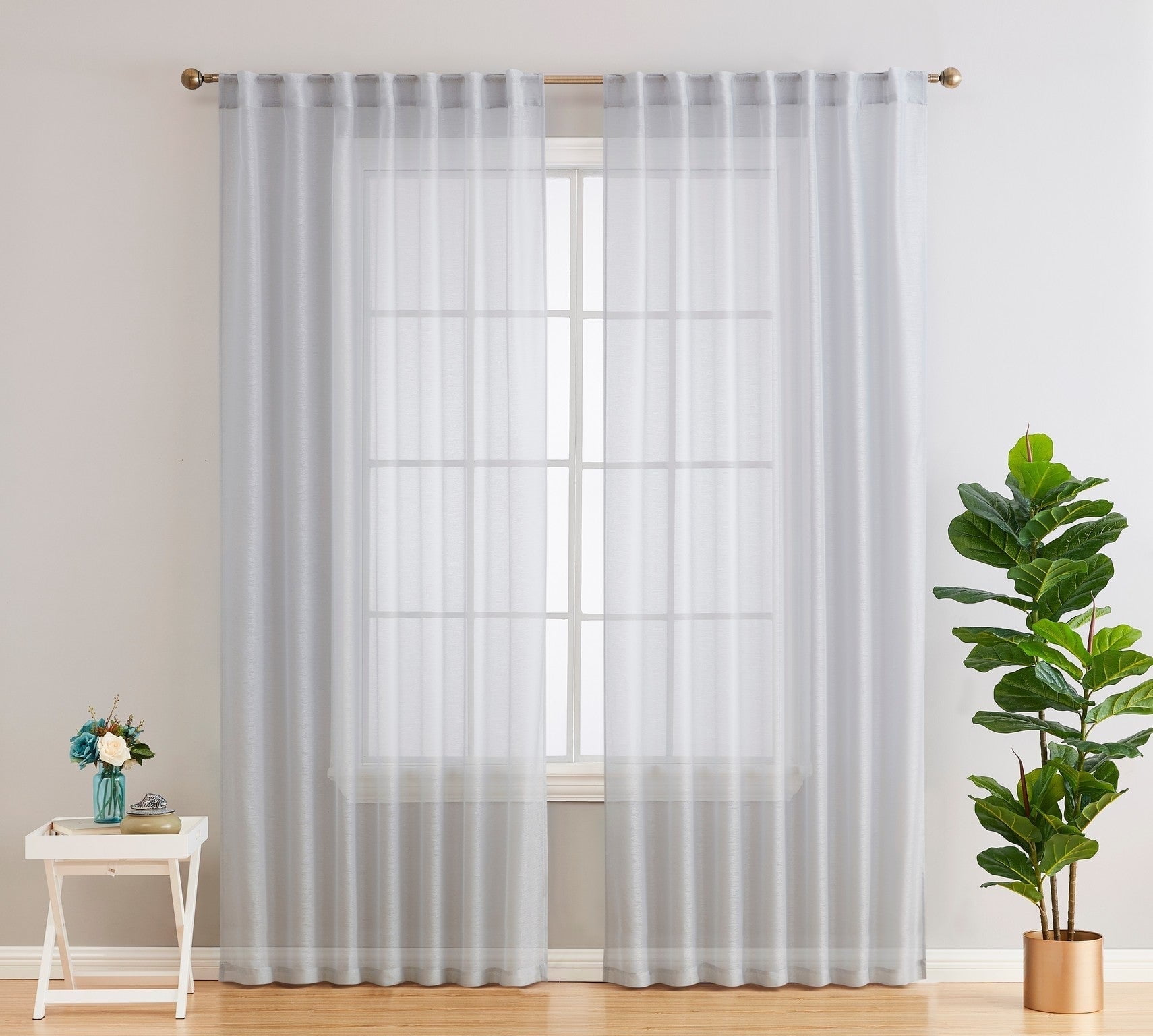 Silver Grey Sheer Polyester Rod Pocket Back Tab Window Curtains, 84-inch Panels
