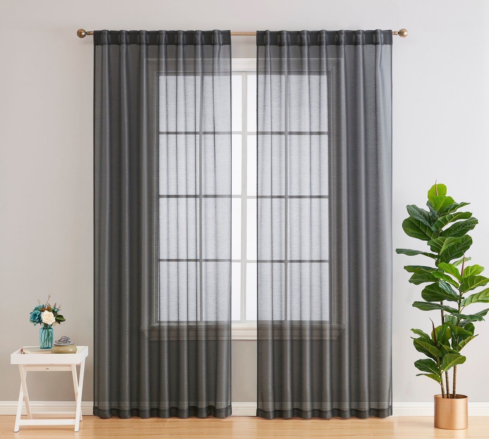 Charcoal Grey Sheer Polyester Rod Pocket Window Panels, 96"