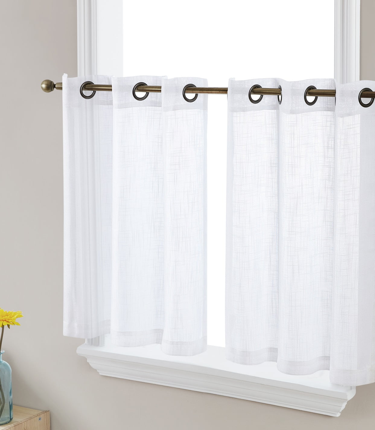 White Faux Linen Light Filtering Grommet Kitchen Tier Curtains, Pair