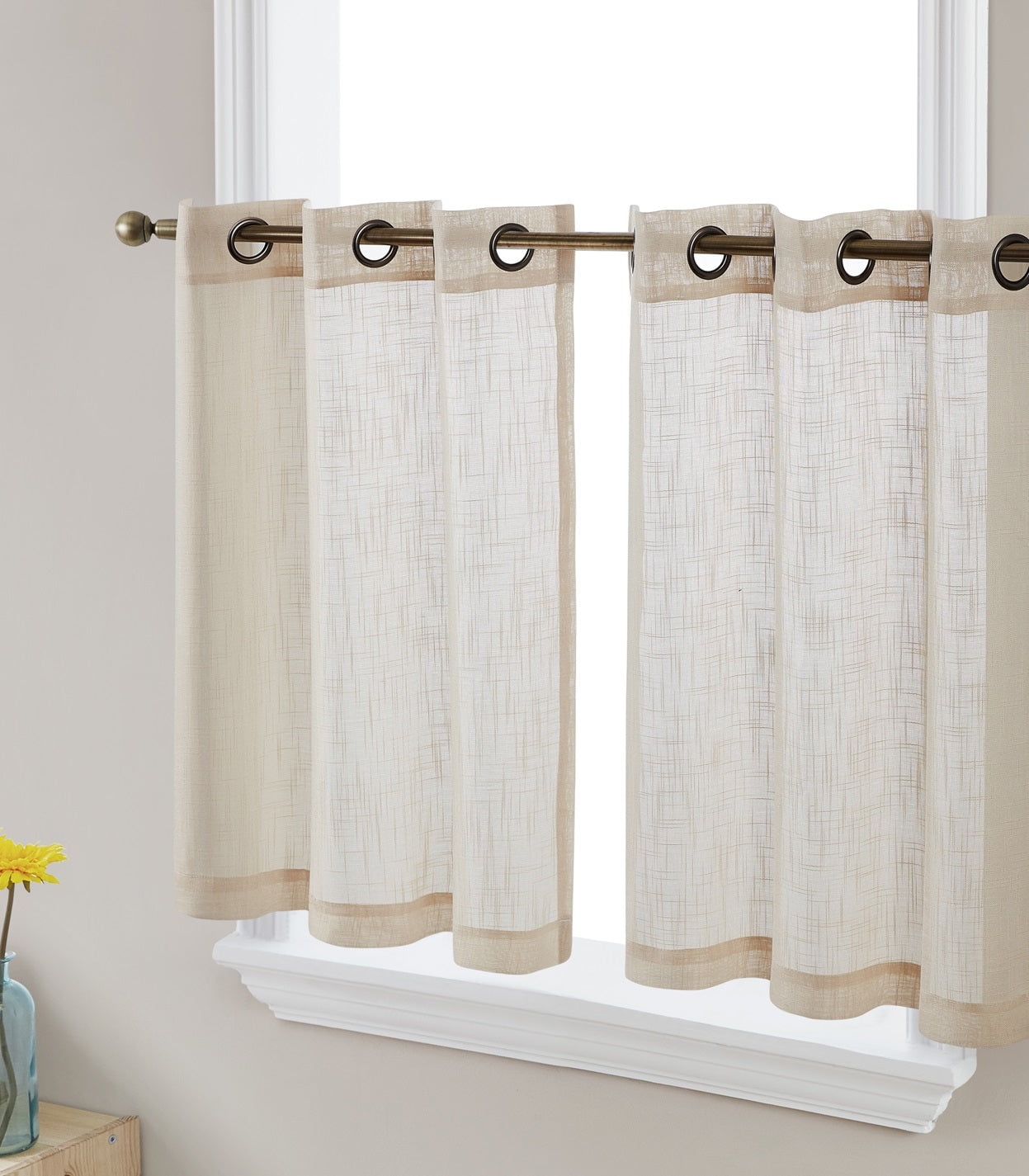 Beige Faux Linen Light Filtering Grommet Kitchen Tiers