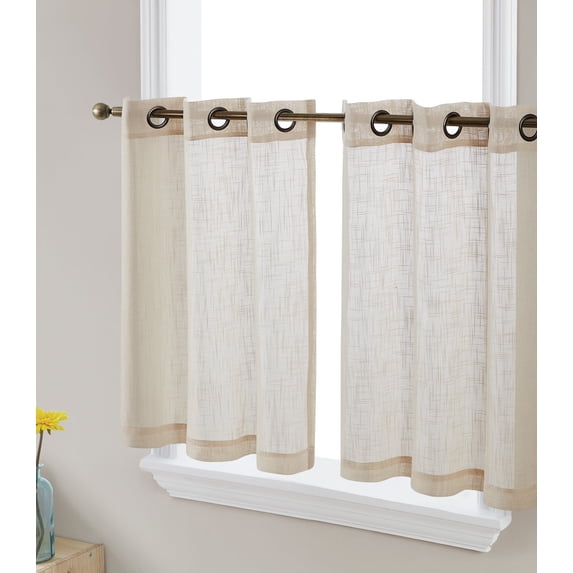 THD Serena Faux Linen Textured Semi Sheer Light Filtering Grommet Short Thick Cafe Curtain Tiers for Kitchen & Small Windows, Pair