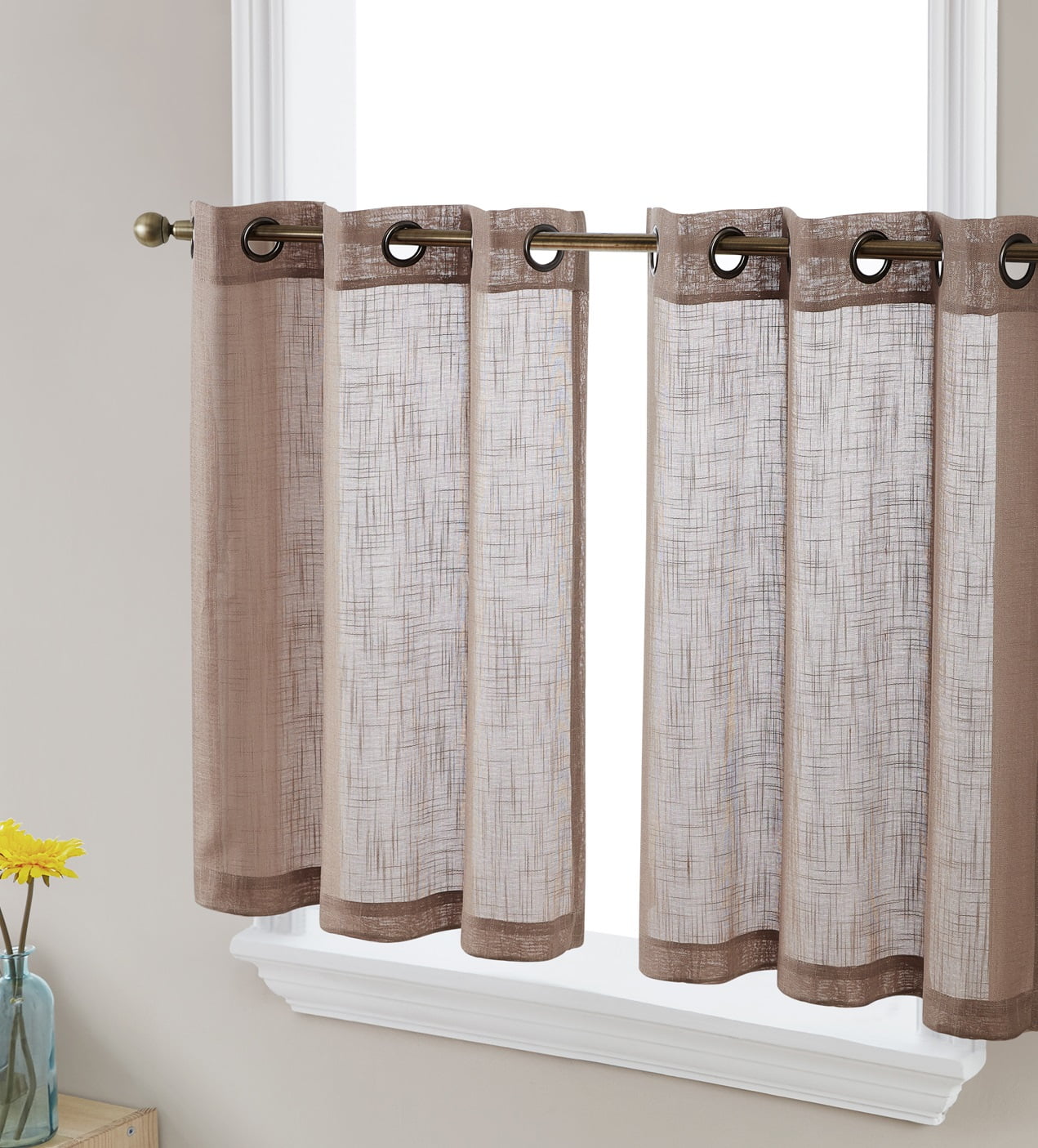 Taupe Faux Linen Light Filtering Grommet Kitchen Curtain Tiers