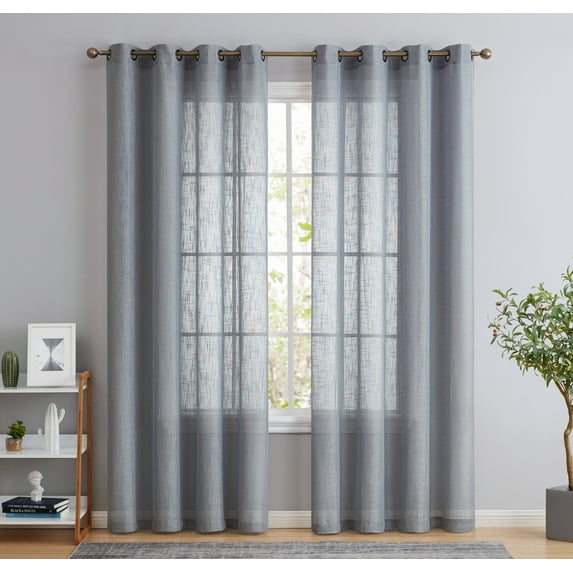 THD Serena Faux Linen Textured Semi Sheer Transparent Window Grommet Long Thick Curtain Panels, Pair
