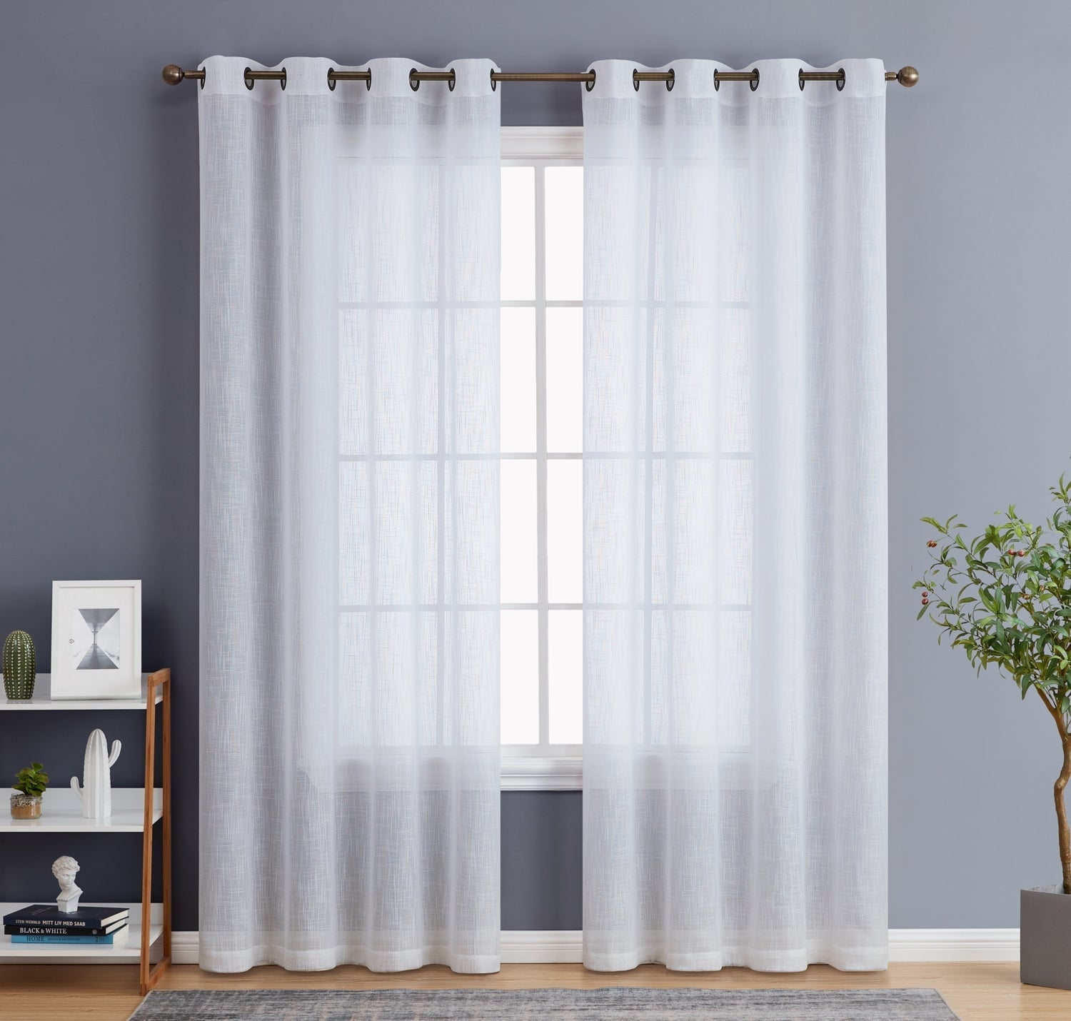 White Faux Linen Semi Sheer Grommet Curtain Panels, 54 x 54 Inch Pair
